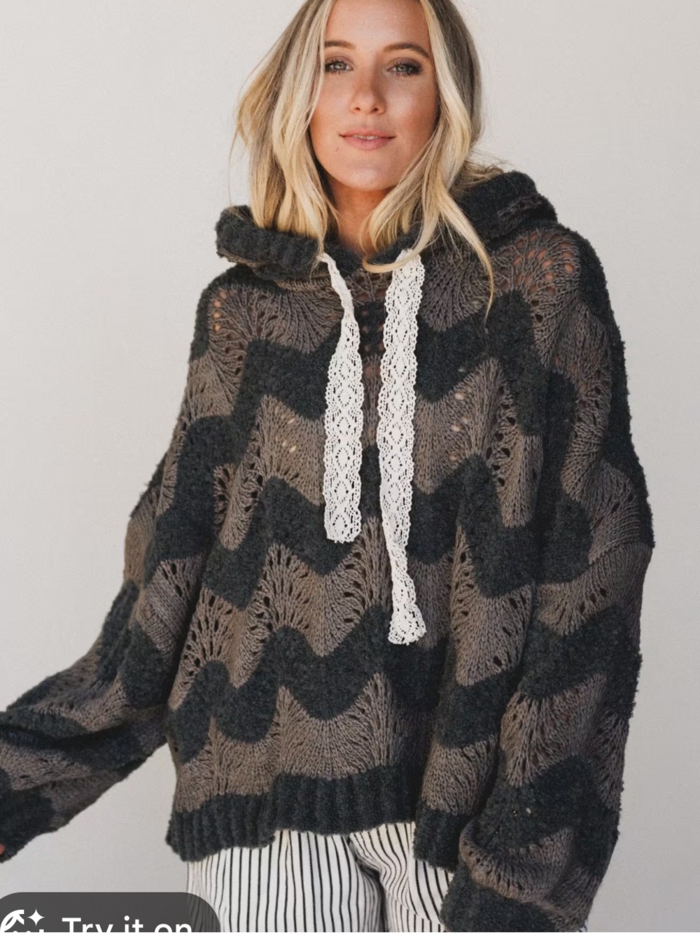 Pol Wavy Knit Hoodie in Charcoal and Dark Gray